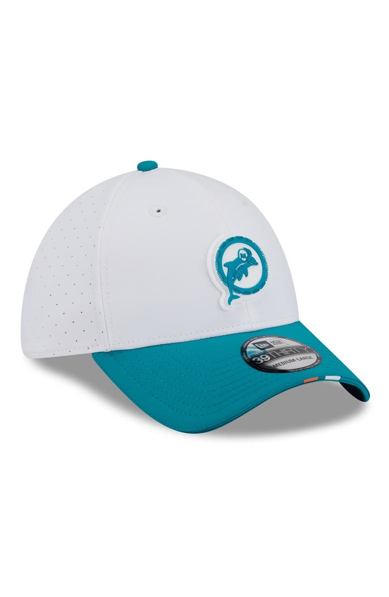 New Era Men's New Era White/Aqua Miami Dolphins 2025 NFL Training Camp Throwback Logo 39THIRTY Flex Hat, Alternate, color, White