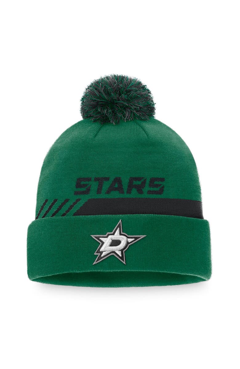 FANATICS Men's Fanatics Branded Kelly Green/Black Dallas Stars Authentic Pro Team Locker Room Cuffed Knit Hat with Pom, Main, color, 
