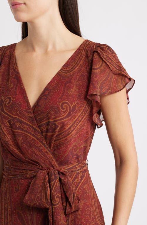 Ralph Lauren Lauren  Paisley Ruffle Trim Flutter Sleeve Gown In Brown