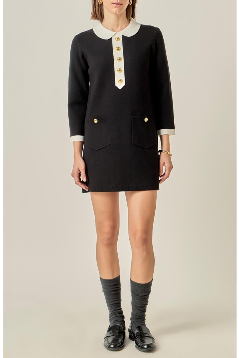 Collar Detail Knit Minidress, Main, color, BLACK/ OFF WHITE