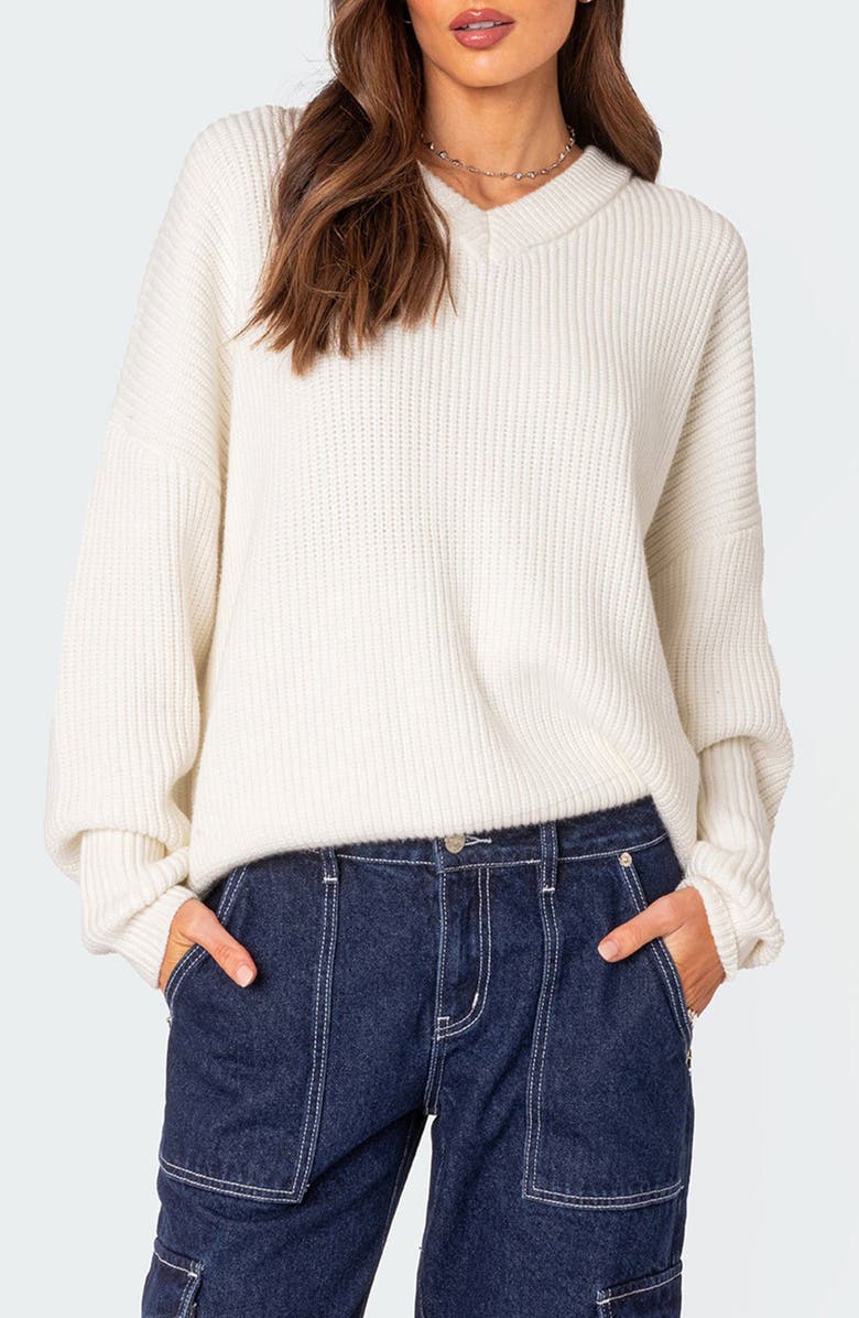 EDIKTED Denny Oversize V-Neck Sweater, Main, color, White