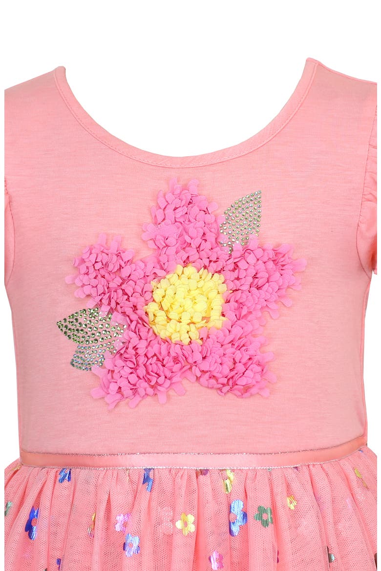 Kids' Flutter Sleeve Floral Appliqué Dress, Alternate, color, CORAL