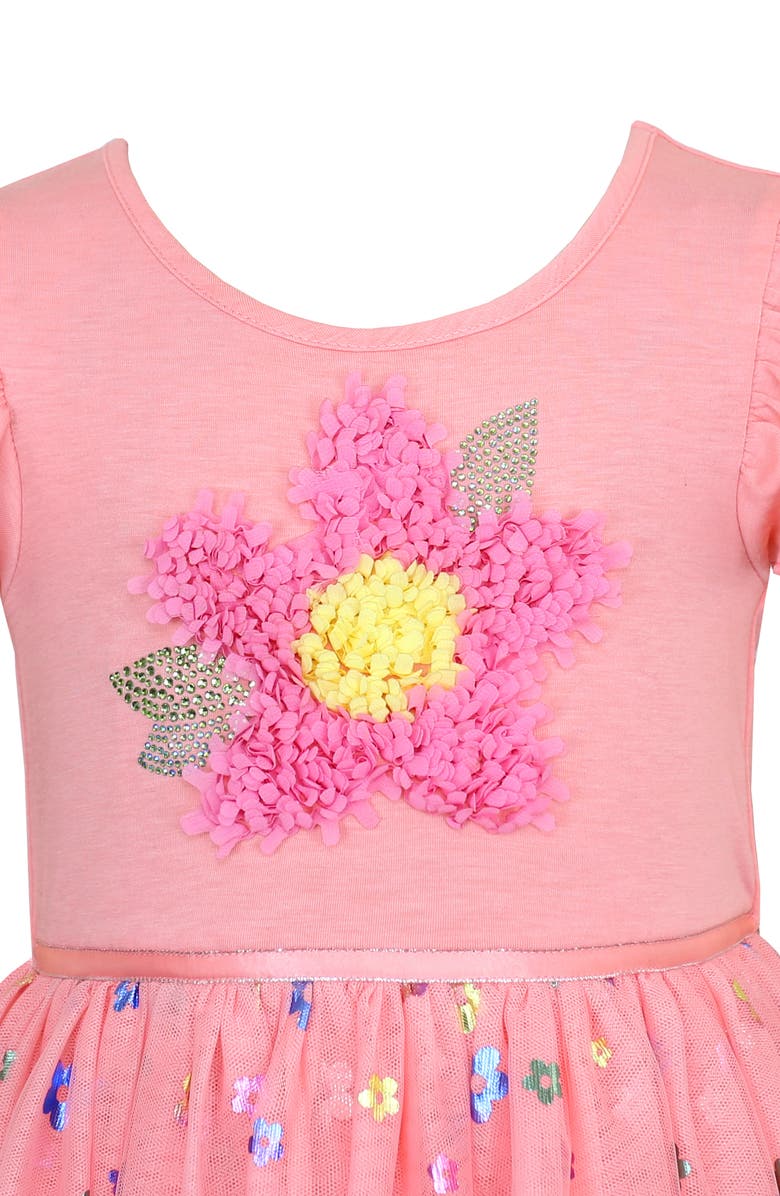 Zunie Kids' Flutter Sleeve Floral Appliqué Dress, Alternate, color, Coral