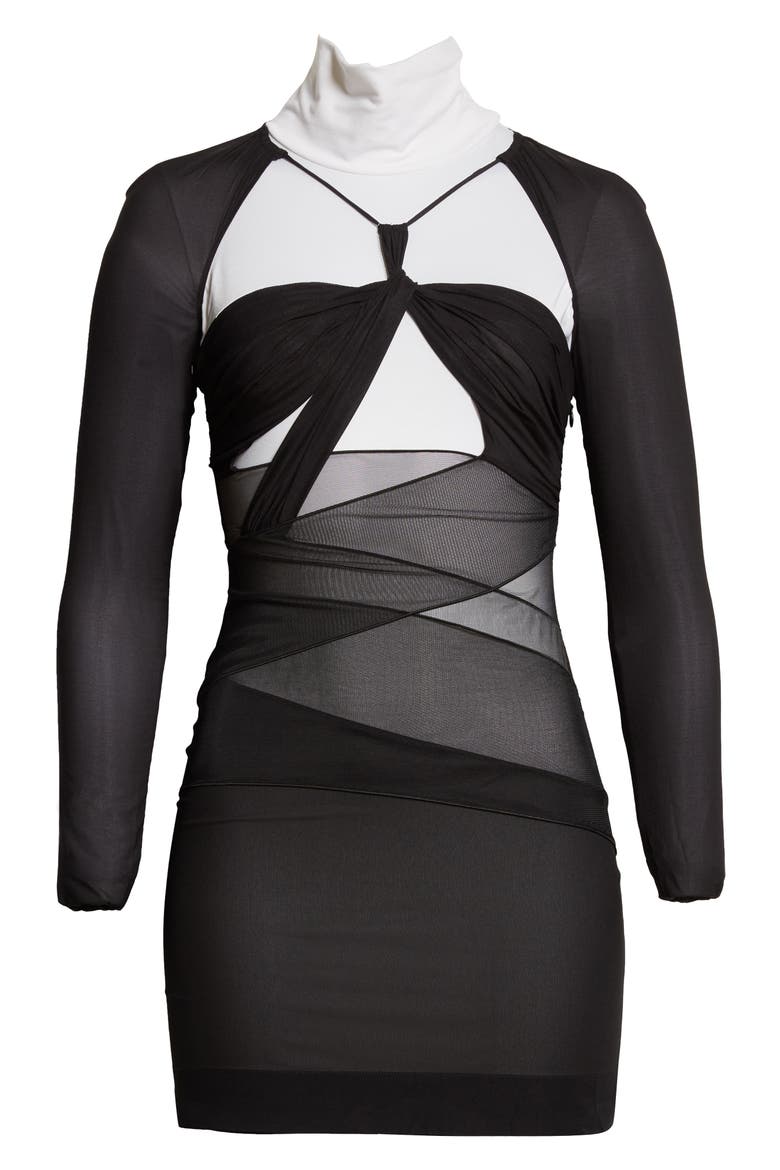 Long Sleeve Cutout Silk Blend Mesh Minidress, Alternate, color, BLACK