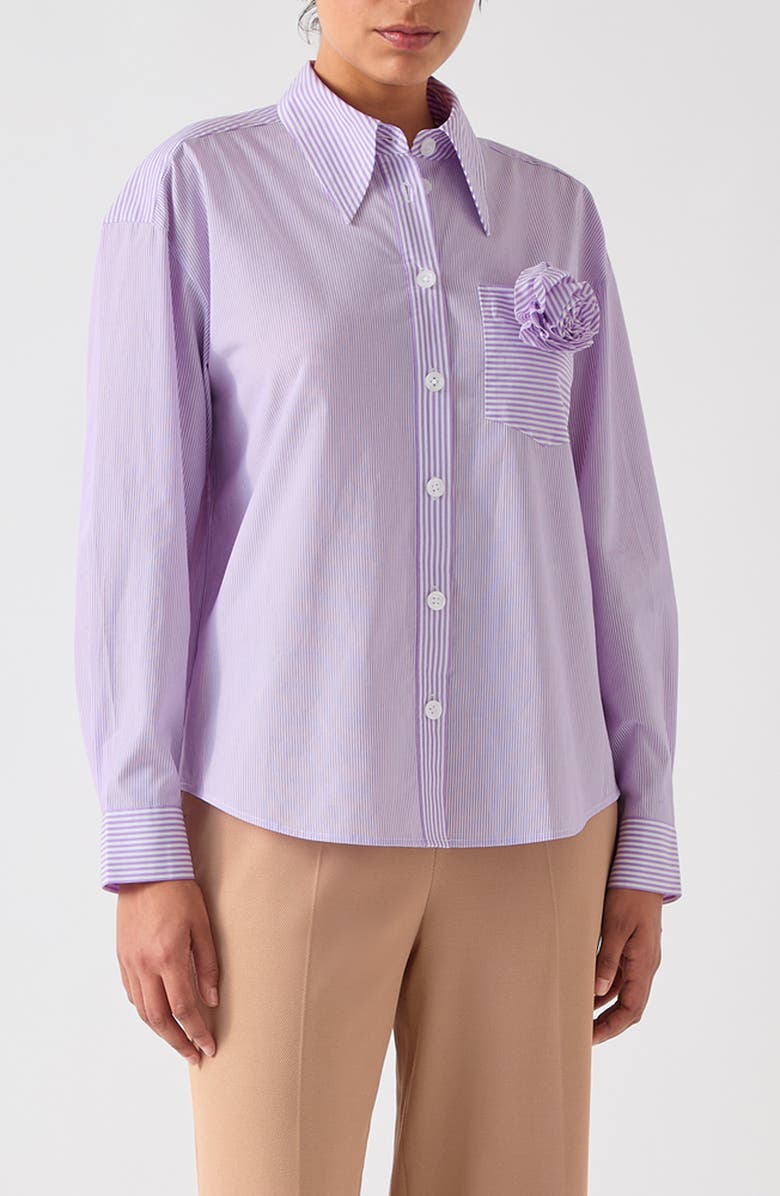 LK Bennett Pip Stripe Corsage Button-Up Shirt, Main, color, Purple