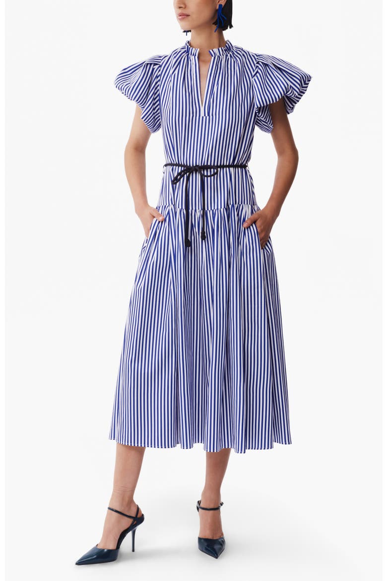 Gabo Puff Sleeve Cotton Midi Dress, Main, color, Lineas Azules Print