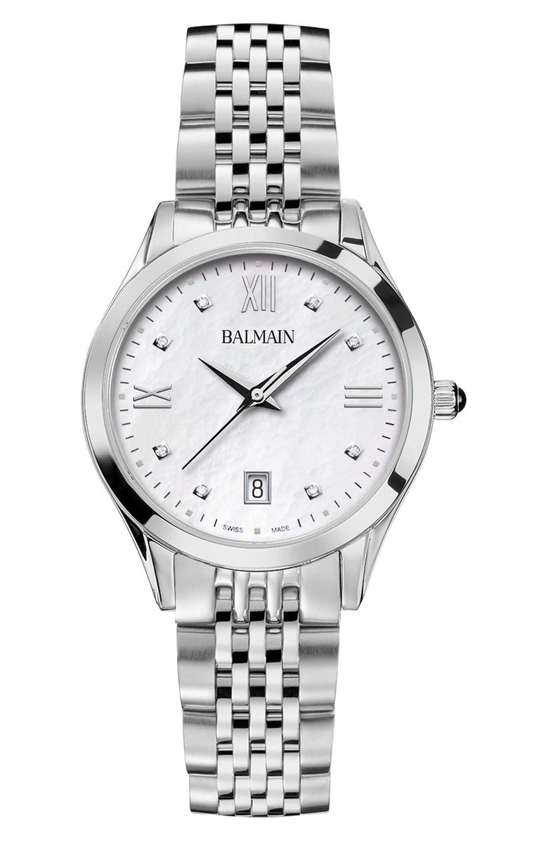 BALMAIN WATCHES Classic R Diamond Bracelet Watch, 34mm, Main, color, Silver