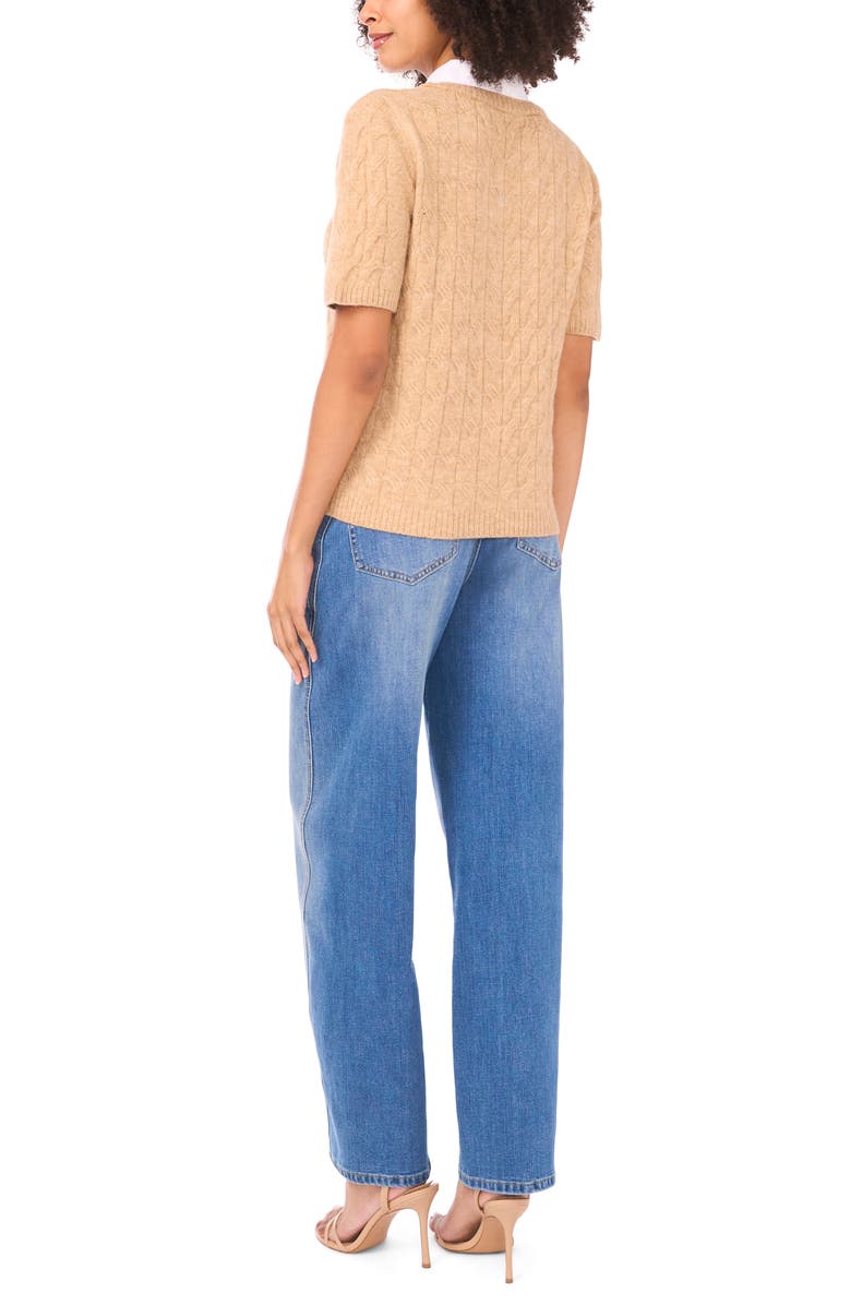 Vince Camuto Layered Look Cable Short Sleeve Sweater, Alternate, color, Latte Heather