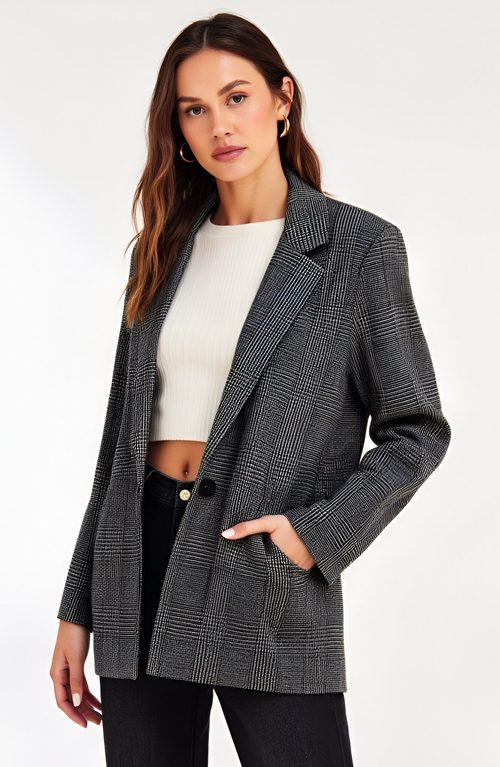 Modenaire Plaid Single-breasted Blazer With Notched Lapels And Front Pockets In Gray