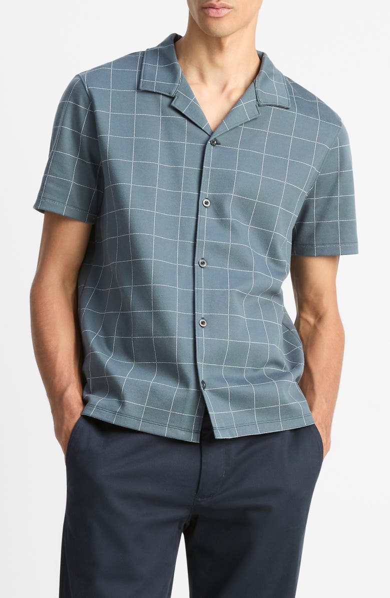 Vince Windowpane Check Cotton Blend Camp Shirt, Main, color, Dark Harbor Blue/ Off White