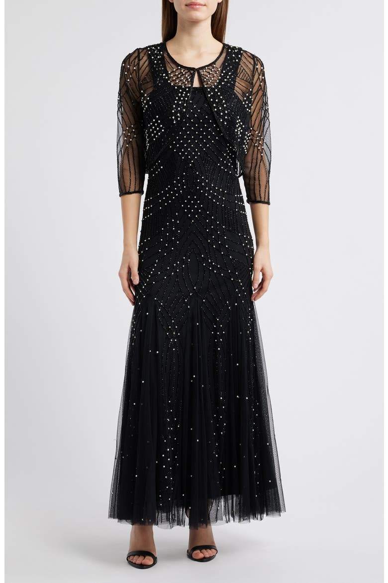 Two-Tone Beadwork Trumpet Gown with Sheer Bolero, Alternate, color, BLACK 001