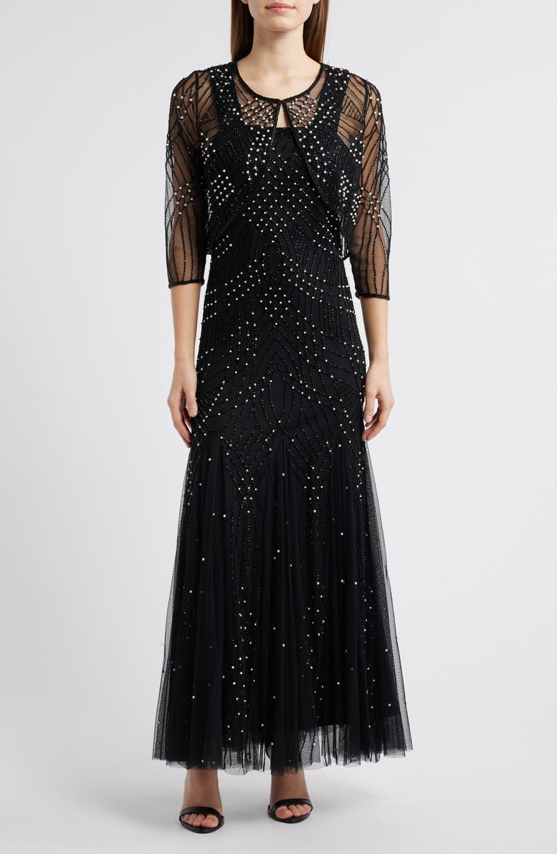 Pisarro Nights Two-Tone Beadwork Trumpet Gown with Sheer Bolero, Alternate, color, Black 001