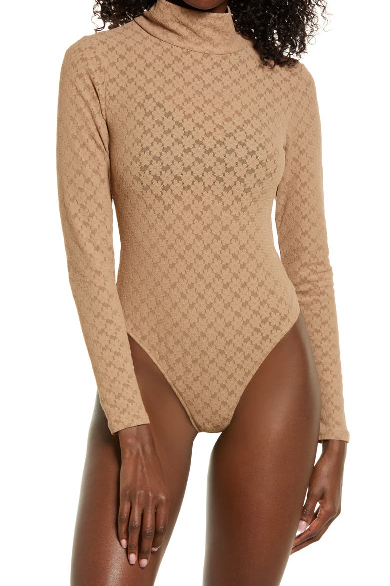 Long Sleeve Lace Bodysuit, Alternate, color, TAN SMOKE