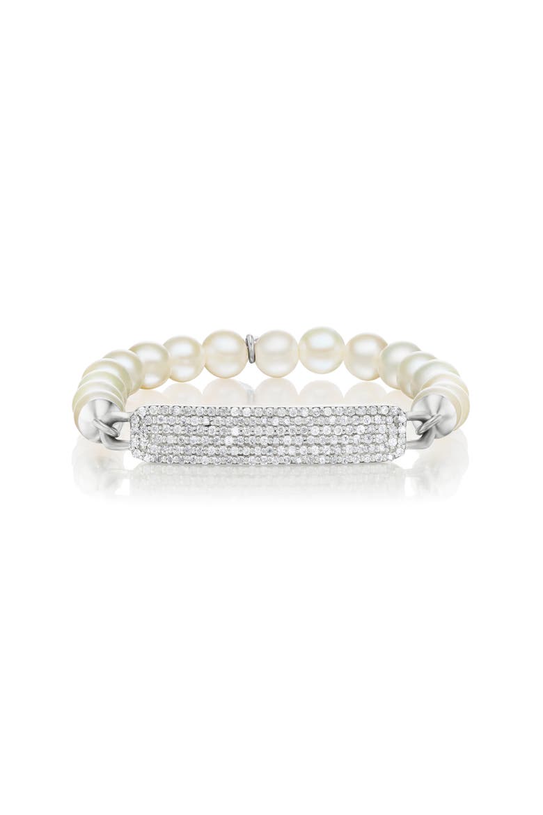 Small Diamond Id Tag On Pearl Bead Bracelet, Main, color, Pearl / Sterling Silver