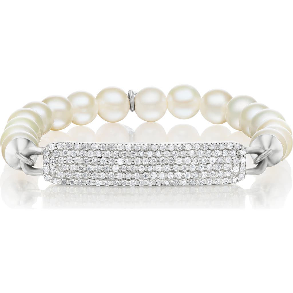 Sheryl Lowe Small Diamond Id Tag On Pearl Bead Bracelet In Metallic