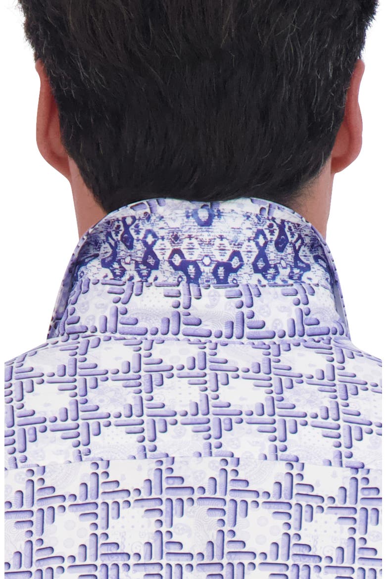 Geo Print Short Sleeve Cotton Button-Up Shirt, Alternate, color, BLUE