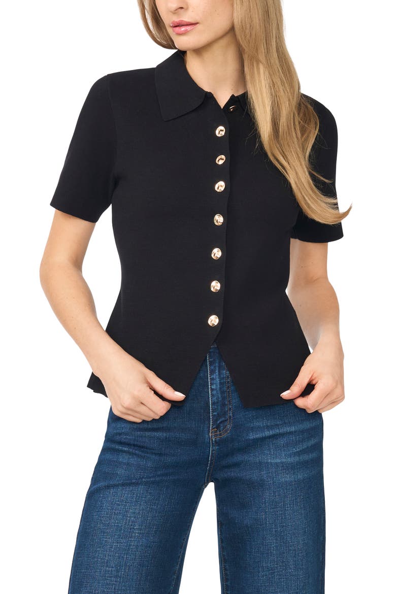 Eva Collar Peplum Short Sleeve Cardigan, Main, color, RICH BLACK