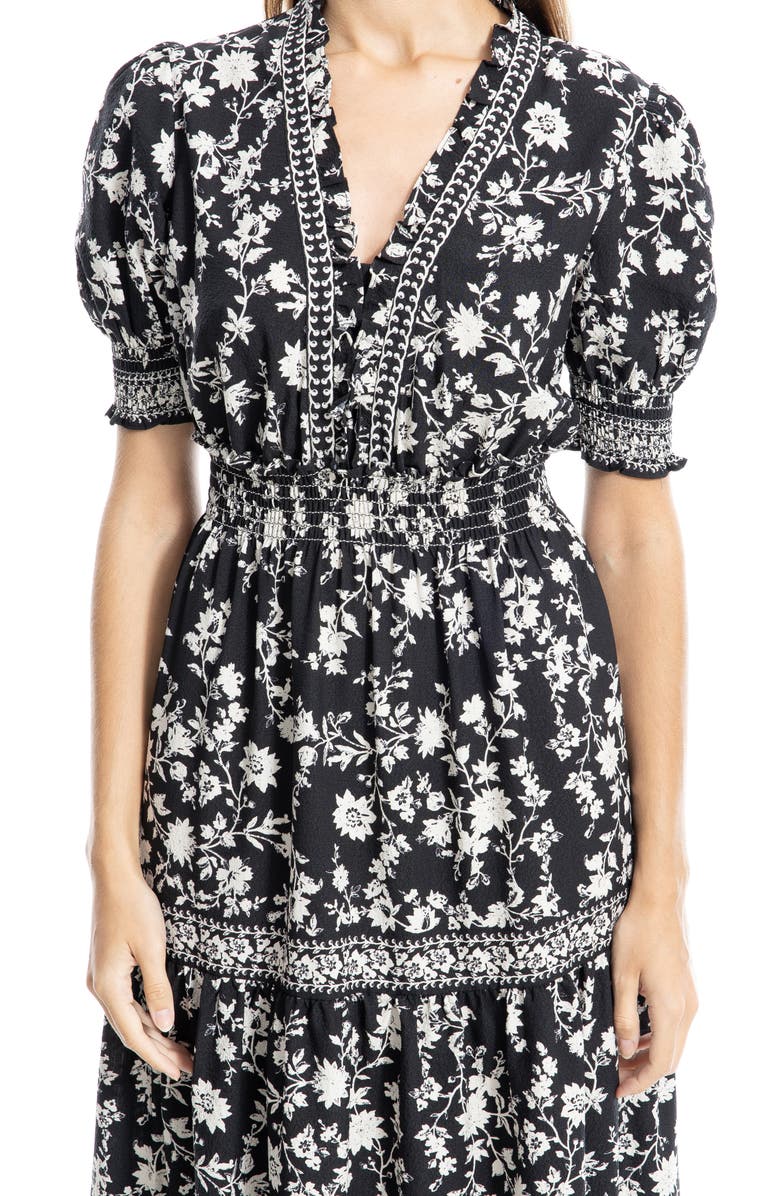 MAX STUDIO Floral Short Sleeve Tiered Maxi Dress, Alternate, color, Black/Ivory Silhouette Vine