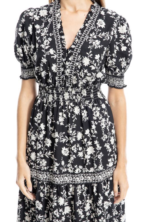 Max Studio Floral Short Sleeve Tiered Maxi Dress In Blk/ivry Slhtt Vine