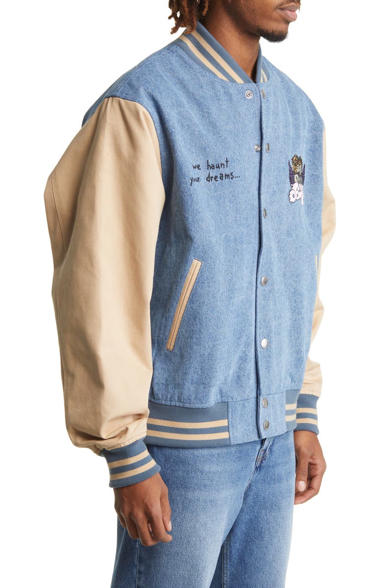 Obey Care Embroidered Denim Varsity Jacket, Alternate, color,