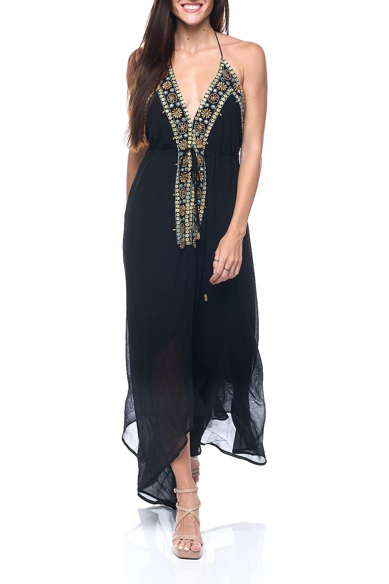 Embellished Halter Cover-Up Dress, Main, color, BLACK