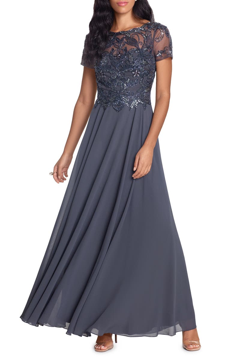 Xscape Evenings Xscape Beaded Short Sleeve Gown, Main, color,