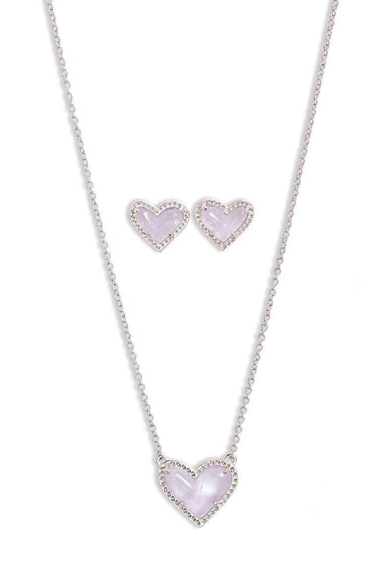 Ari Heart Pendant Necklace & Stud Earrings Set, Alternate, color, RHODIUM PURPLE AMETHYST
