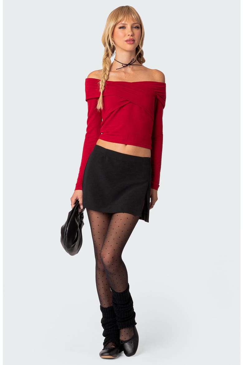 Off the Shoulder Long Sleeve Crop Top, Alternate, color, RED
