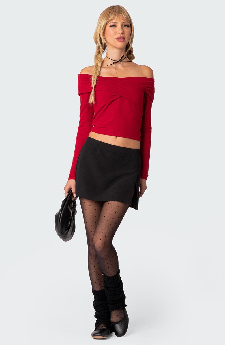 EDIKTED Off the Shoulder Long Sleeve Crop Top, Alternate, color, Red
