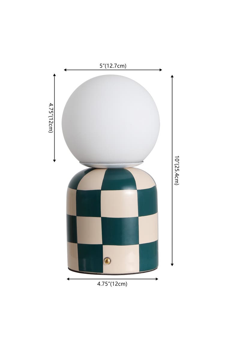 Zira Modern Checkerboard Ceramic Rechargeable Cordless Integrated Portable Dimmable with Frosted Globe Shade LED Table Lamp, Alternate, color, Dark Green/Cream