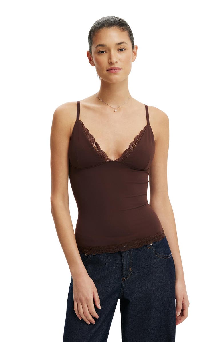 Cotton On Women's Hold Me Lace Trim Cami, Main, color, Dark Oak