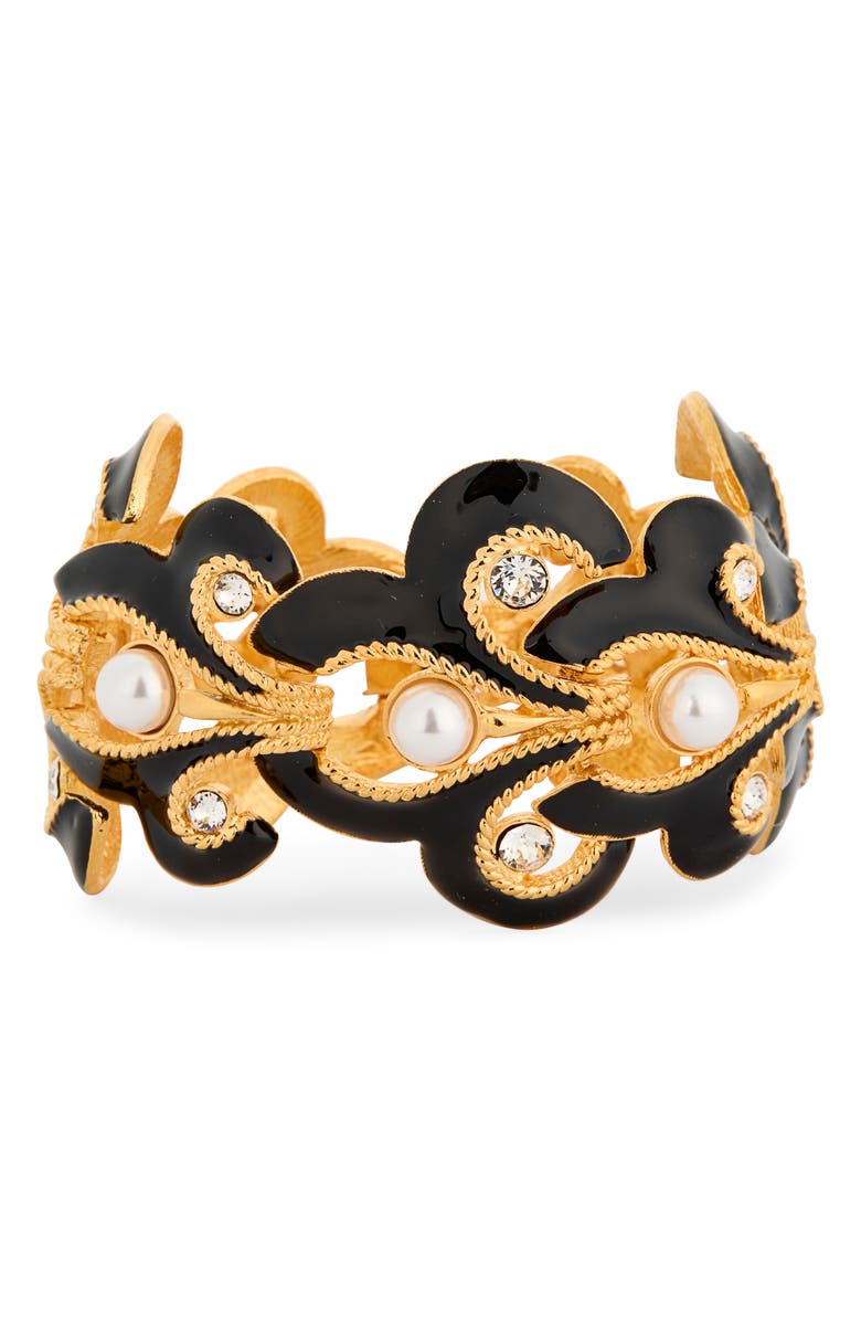 Kenneth Jay Lane Faux Pearl & Crystal Bracelet, Main, color, Polished Gold