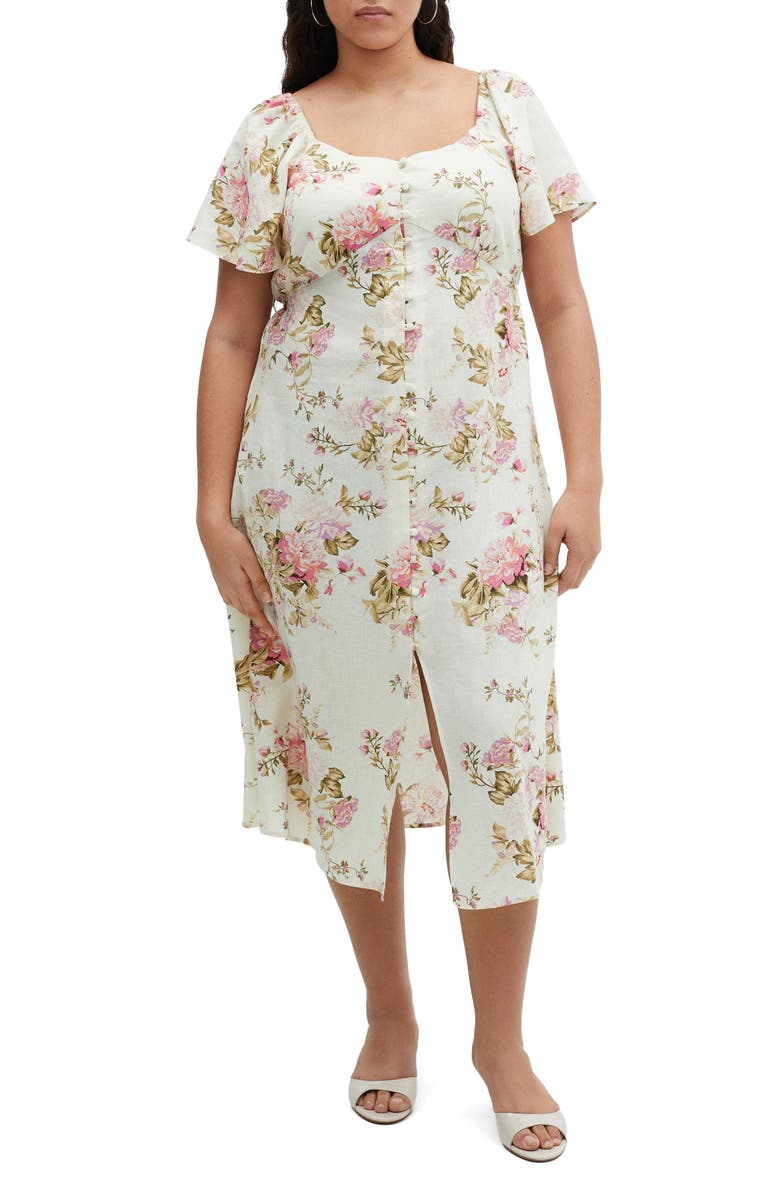 MANGO Floral Flutter Sleeve Linen Blend Midi Dress, Alternate, color, 