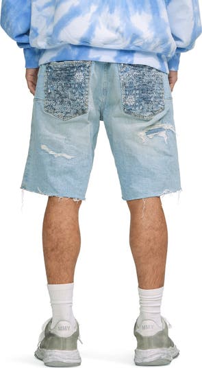 PURPLE BRAND Rip & Repair Raw Edge Denim Shorts with Quilted