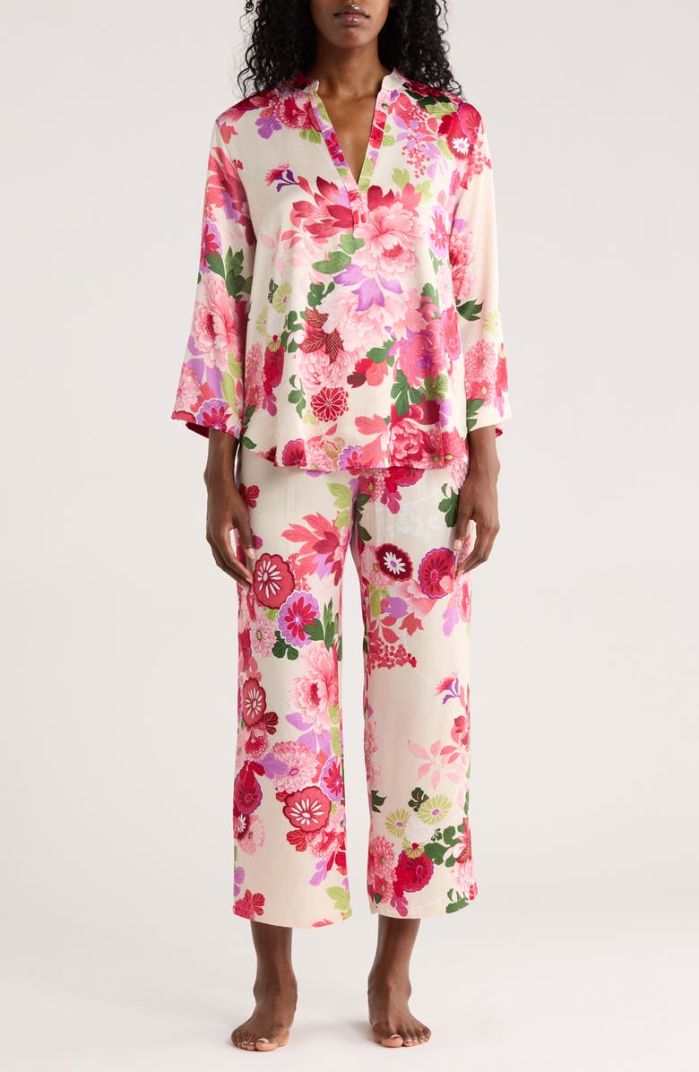 Natori Floral Long Sleeve Satin Top & Crop Pants Pajamas, Main, color, Cherry