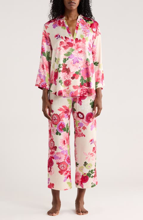 Floral Long Sleeve Satin Top & Crop Pants Pajamas