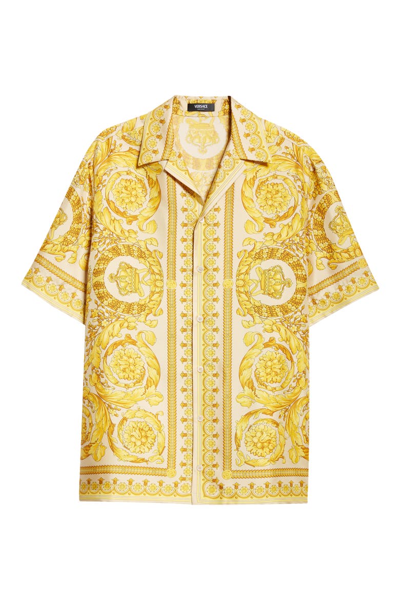 Men's Barocco Print Silk Button-Up Shirt, Alternate, color, CHAMPAGNE