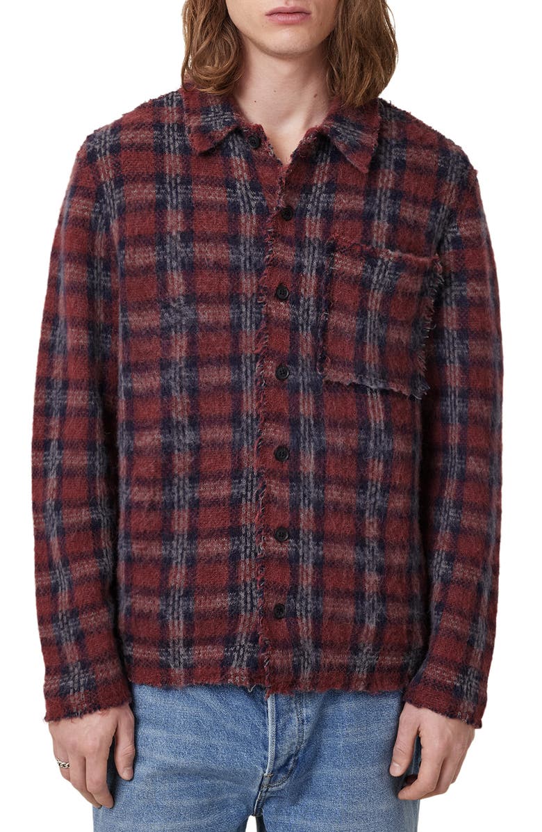 AllSaints Austin Plaid Cardigan, Main, color, Dark Brick Red