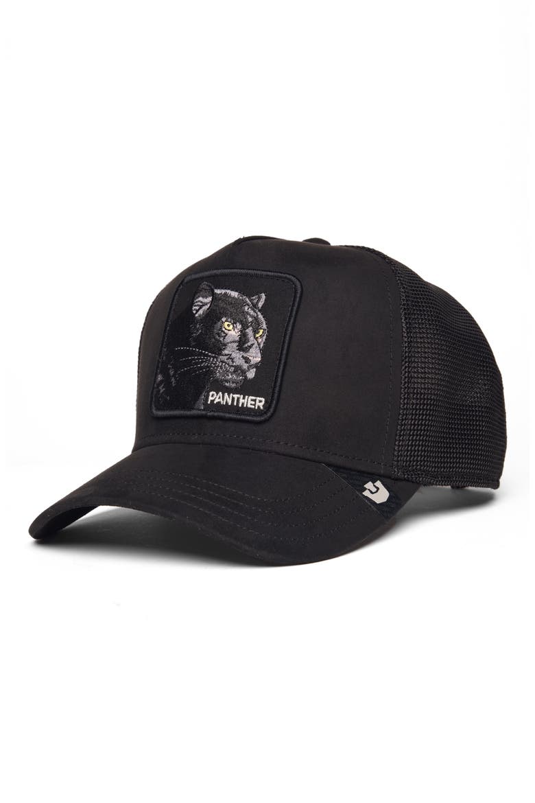 Panther Patch Faux Suede Snapback Trucker Hat, Main, color, VOID