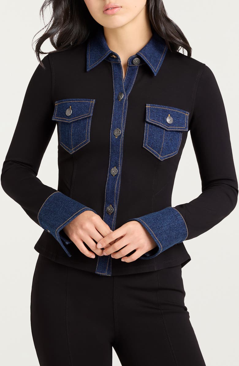 Cinq à Sept Aliza Denim Trim Shirt, Main, color, Black/ Fontaine