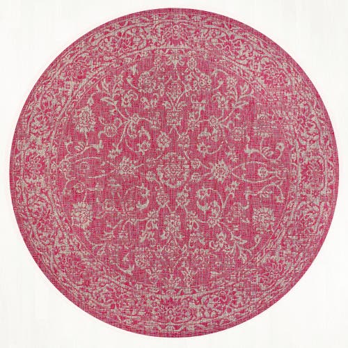 Jonathan Y Tela Bohemian Textured Weave Floral Indoor/outdoor Round Area Rug In Fuchsia/light Gray