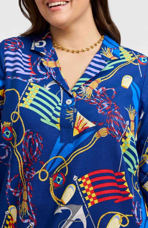 Foxcroft Sloane Nautical Print Linen Blend Shirtdress In Navy Multi