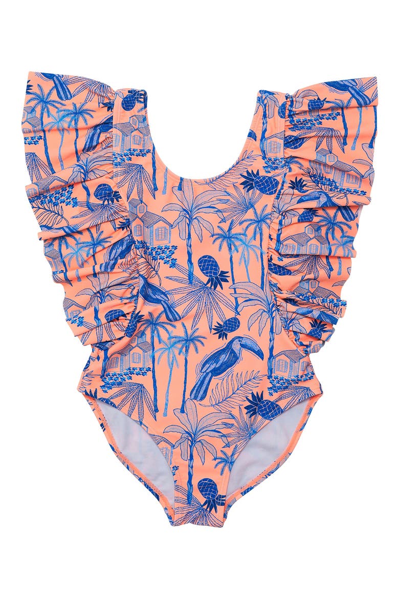 Kids' Tropicana Vacay Ruffle One-Piece Swimsuit, Main, color, ORANGE / BLUE