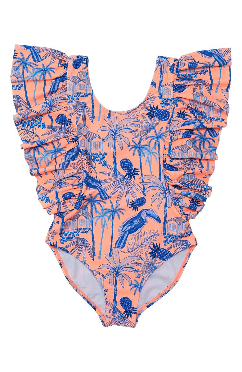 Snapper Rock Kids' Tropicana Vacay Ruffle One-Piece Swimsuit, Main, color, Orange / Blue