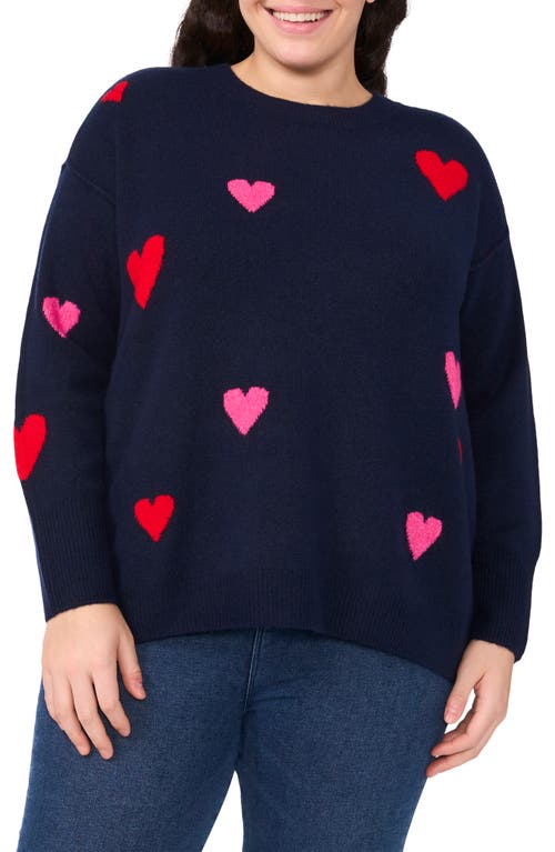 CeCe Heart Pattern Crewneck Sweater in Classic Navy 