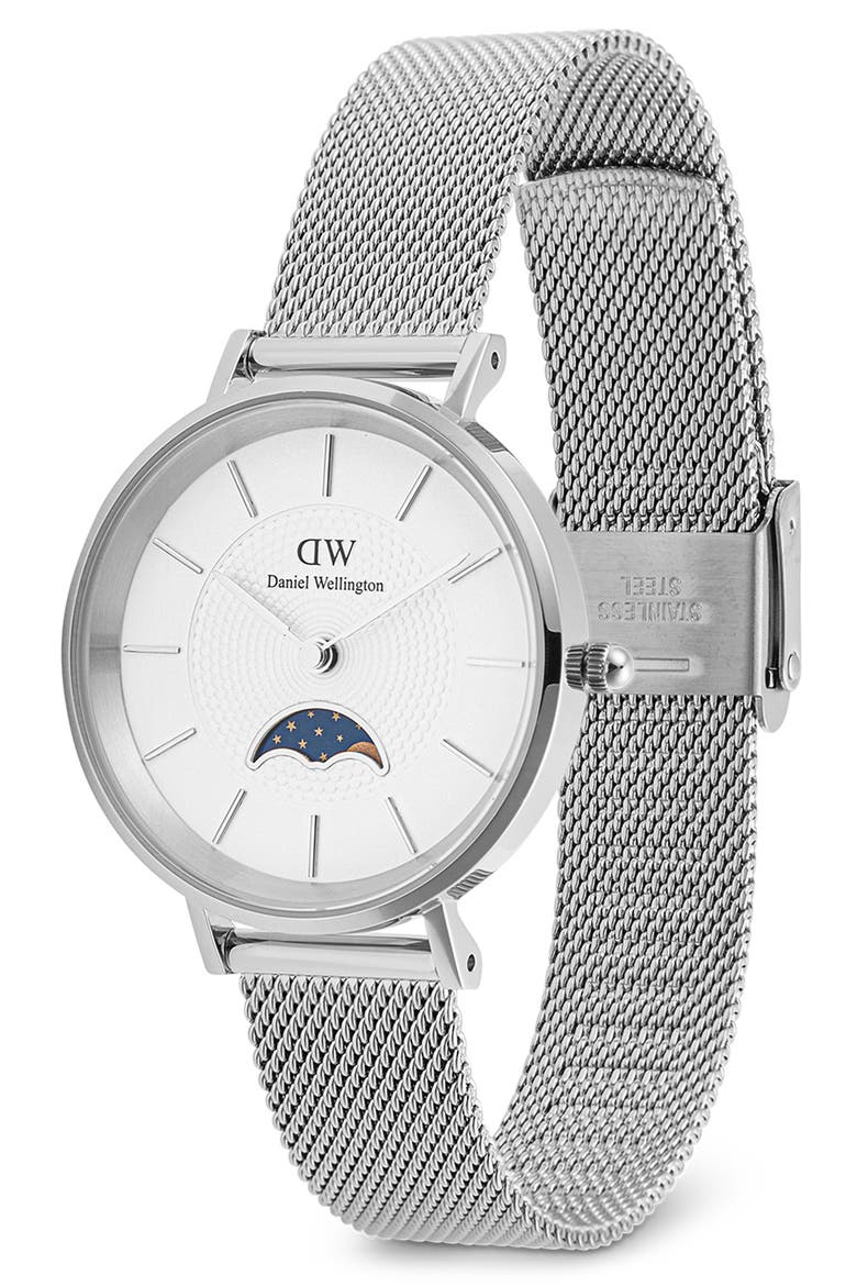 Petite Moonphase Mesh Strap Watch, 32mm, Alternate, color, SILVER