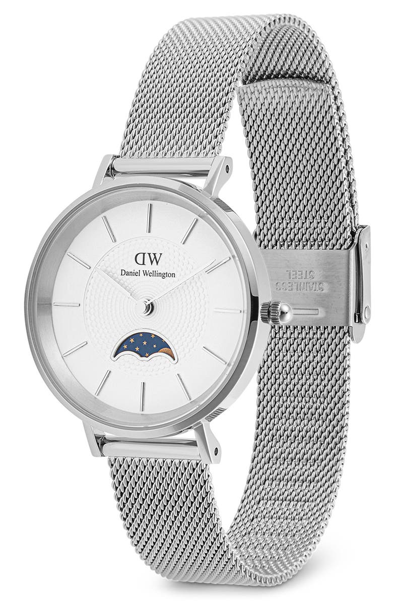 Daniel Wellington Petite Moonphase Mesh Strap Watch, 32mm, Alternate, color, Silver
