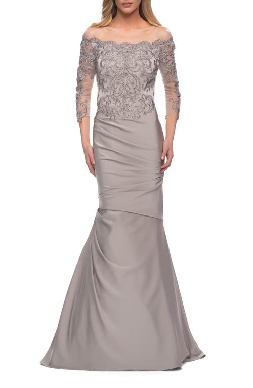 La Femme Satin Mermaid Gown with Off the Shoulder Lace Bodice in Silver 