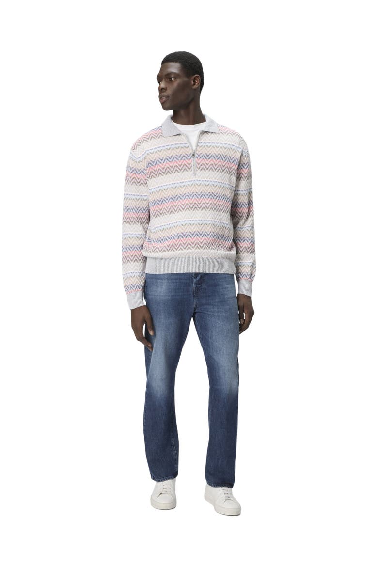 Long-sleeved Zig Zag Knit Polo Shirt With Half-zip Collar, Main, color, White & Beige