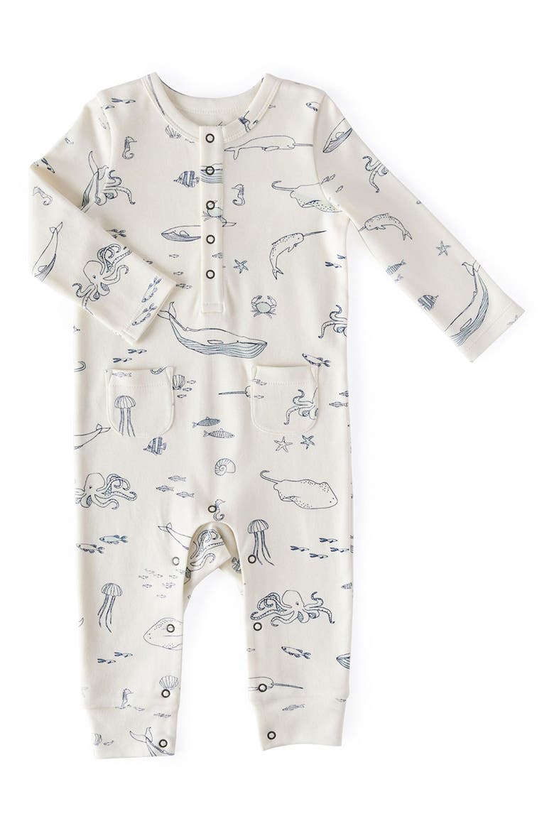 Life Aquatic Patch Pocket Organic Cotton Henley Romper, Main, color, LIFE AQUATIC